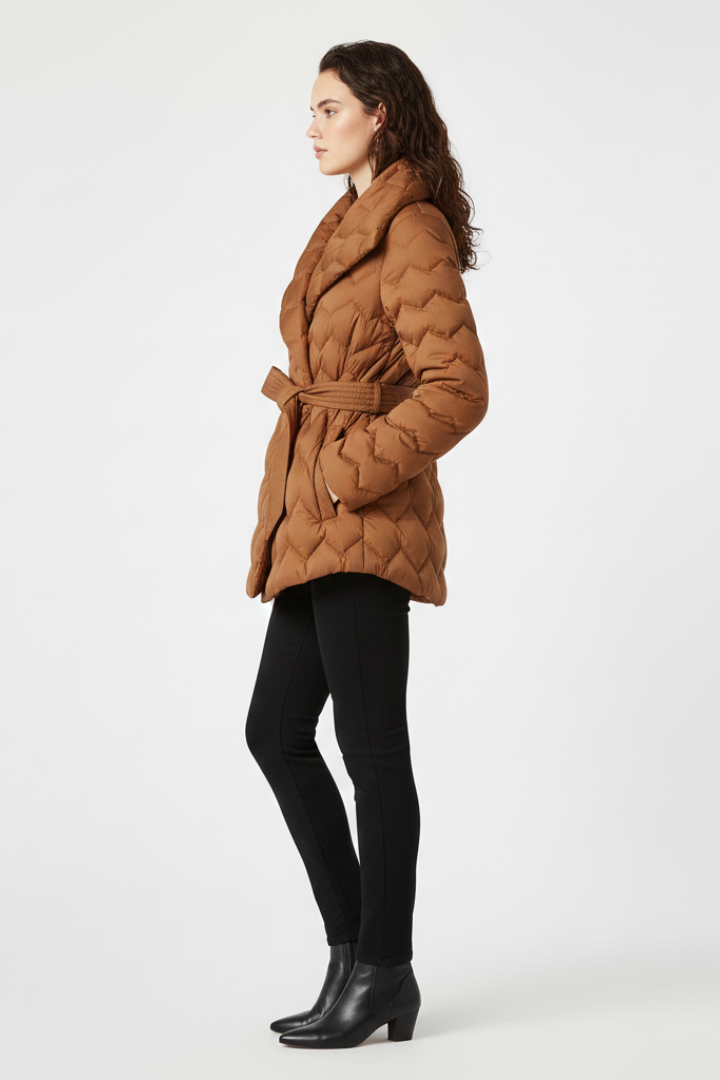 Women's Wool Mix Quilted Puffer Jacket Belted Wrap Coat