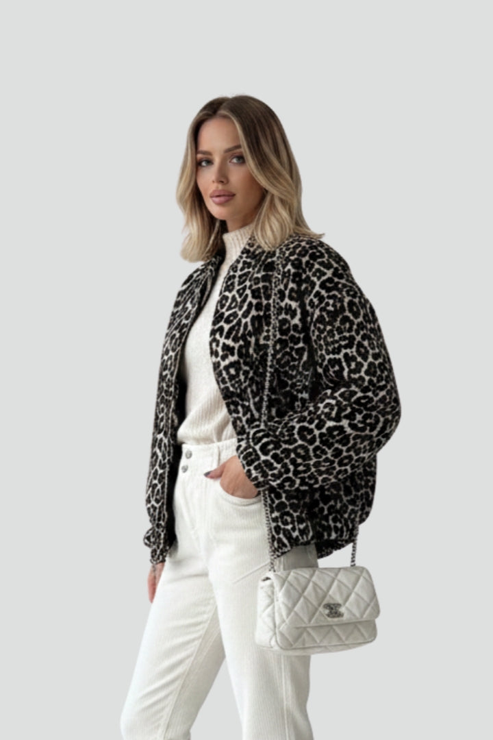 Womens Fleece Bomber Jacket Leopard Print Outerwear