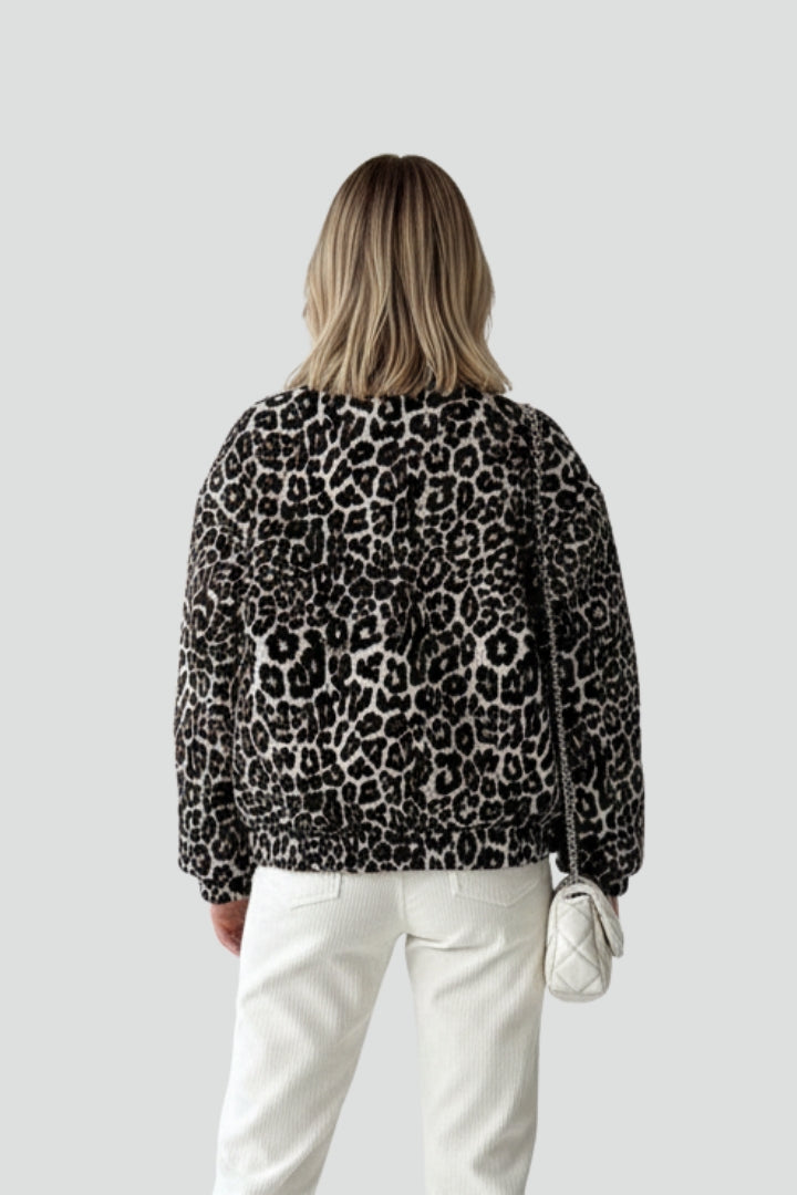 Womens Fleece Bomber Jacket Leopard Print Outerwear