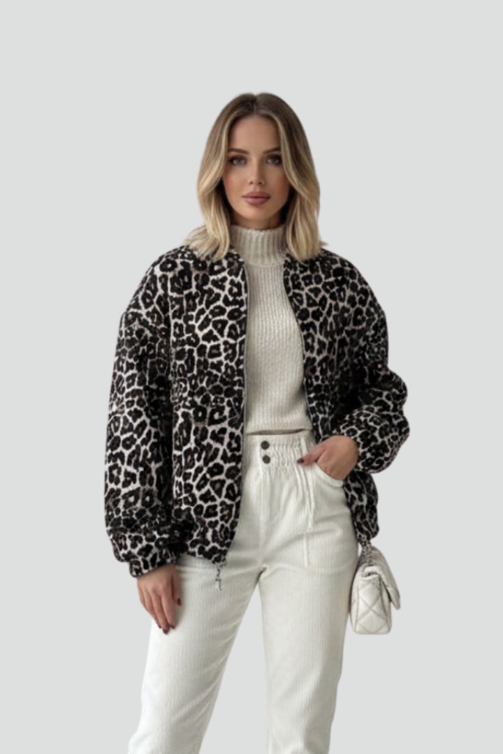 Womens Fleece Bomber Jacket Leopard Print Outerwear