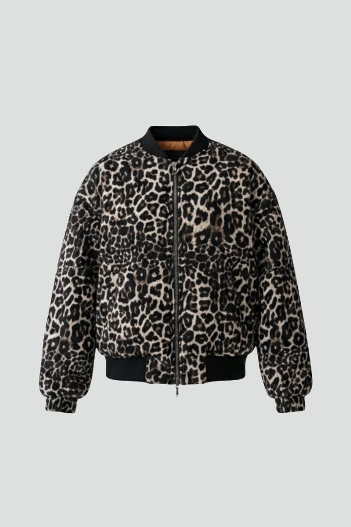 Womens Fleece Bomber Jacket Leopard Print Outerwear