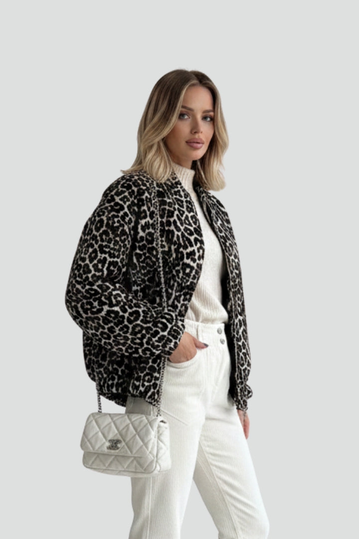 Womens Fleece Bomber Jacket Leopard Print Outerwear