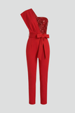 Women's Knit One Shoulder Sequin Jumpsuit