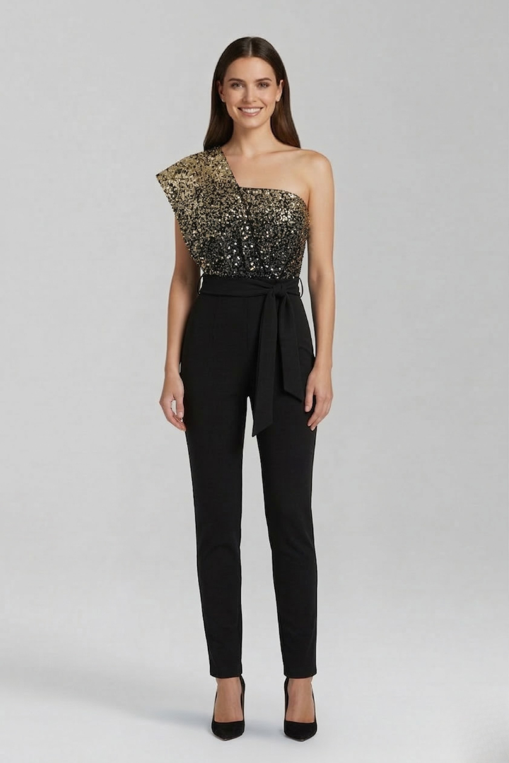 Women's Knit One Shoulder Sequin Jumpsuit
