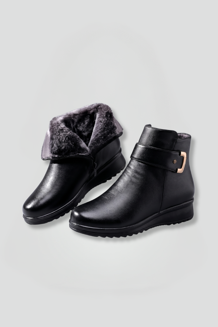 Bottes basses à talon compensé pour femmes en cuir, doublées de fourrure chaude, avec boucle, montant à la cheville