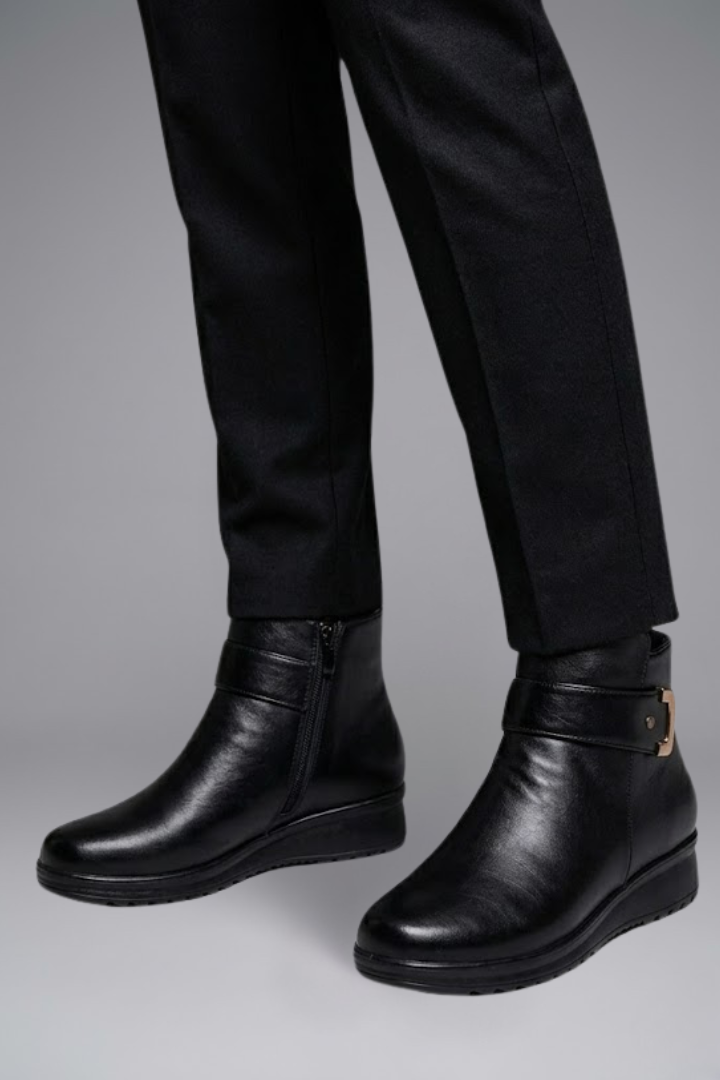 Bottes basses à talon compensé pour femmes en cuir, doublées de fourrure chaude, avec boucle, montant à la cheville