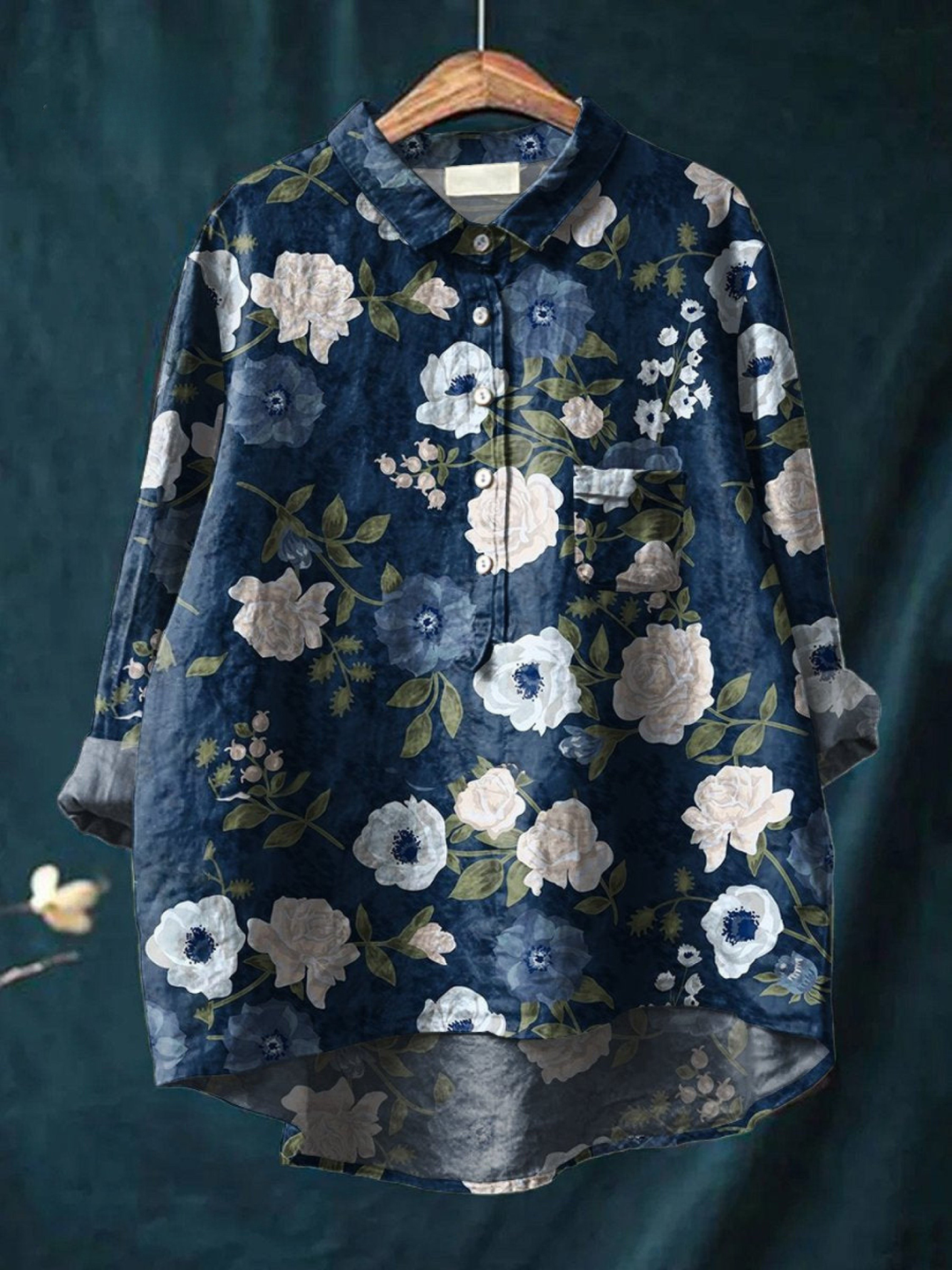 Women’s Linen Floral Long Sleeve Casual Button Down Shirt