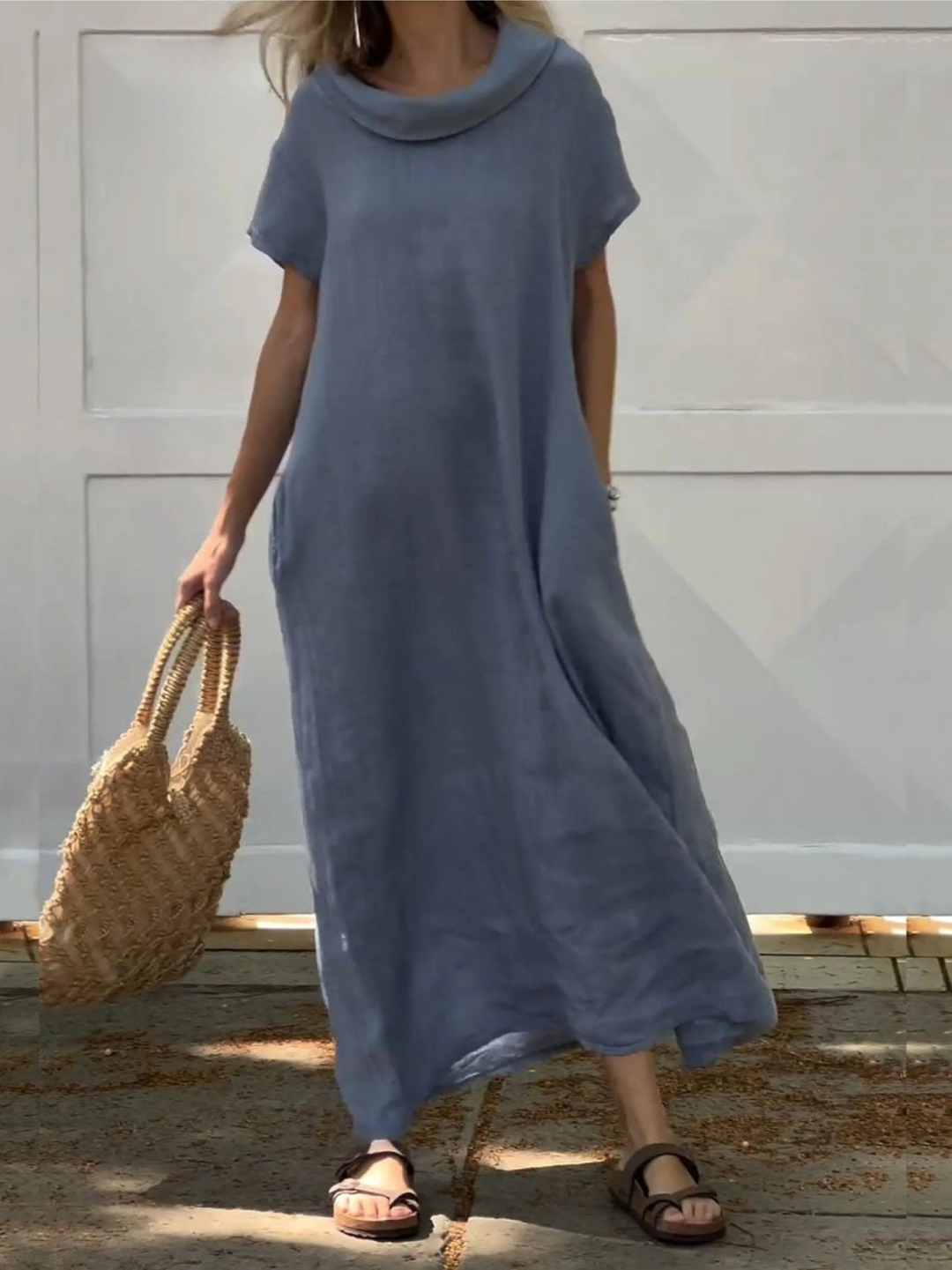 Women's Linen Maxi Dress Short Sleeve Cowl Neck Loose Fit Loose Gown