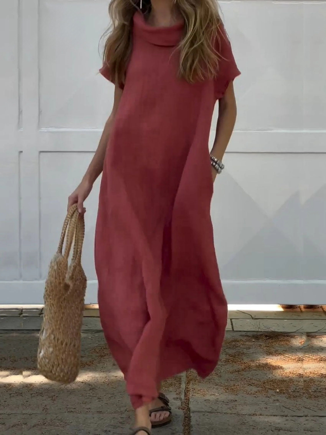 Women's Linen Maxi Dress Short Sleeve Cowl Neck Loose Fit Loose Gown