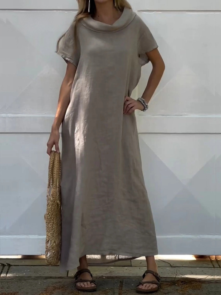 Women's Linen Maxi Dress Short Sleeve Cowl Neck Loose Fit Loose Gown