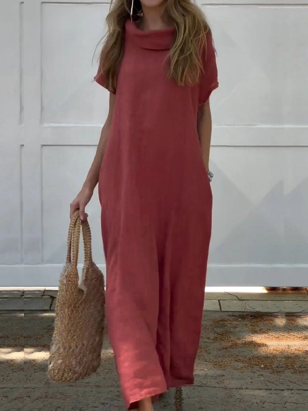 Women's Linen Maxi Dress Short Sleeve Cowl Neck Loose Fit Loose Gown