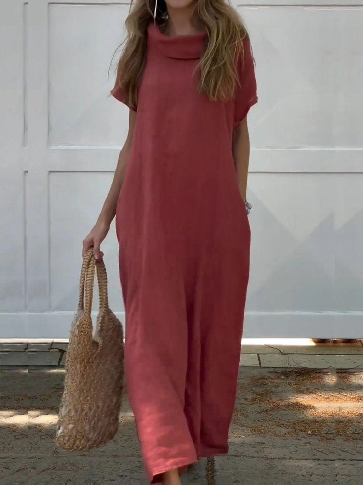 Women's Linen Maxi Dress Short Sleeve Cowl Neck Loose Fit Loose Gown