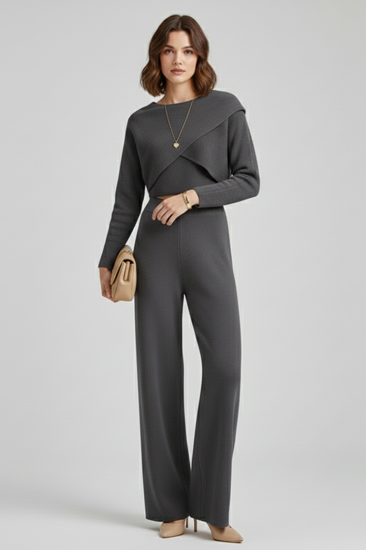 Women Knit Long Sleeve Crop Top and Wide Leg Pants Set