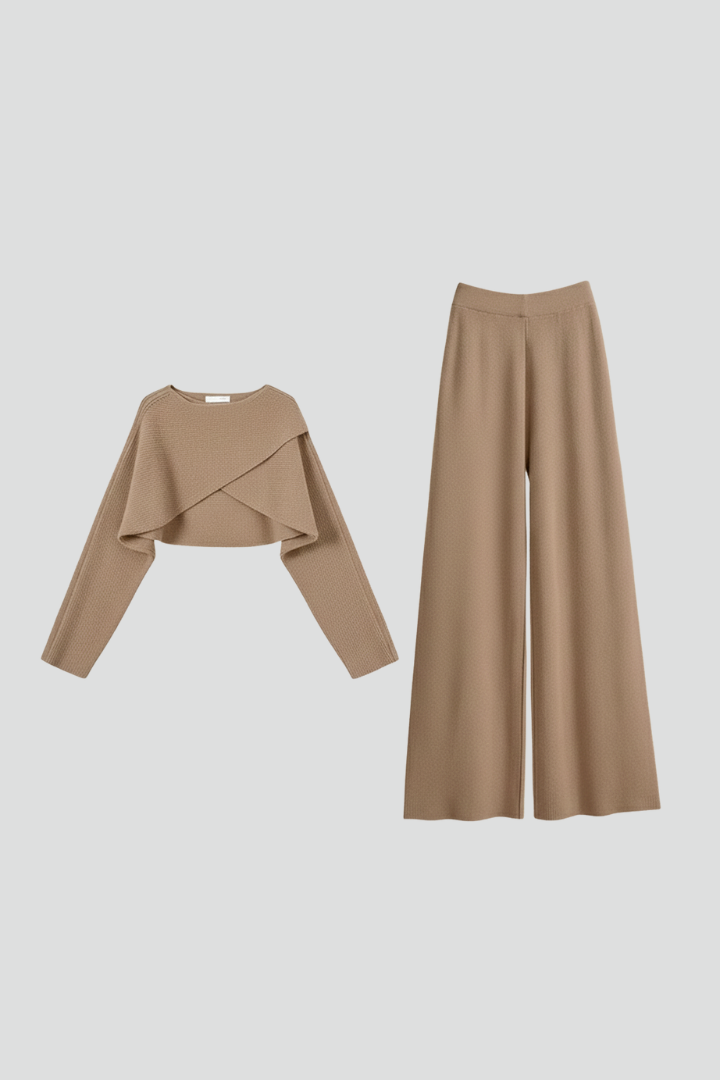 Women Knit Long Sleeve Crop Top and Wide Leg Pants Set