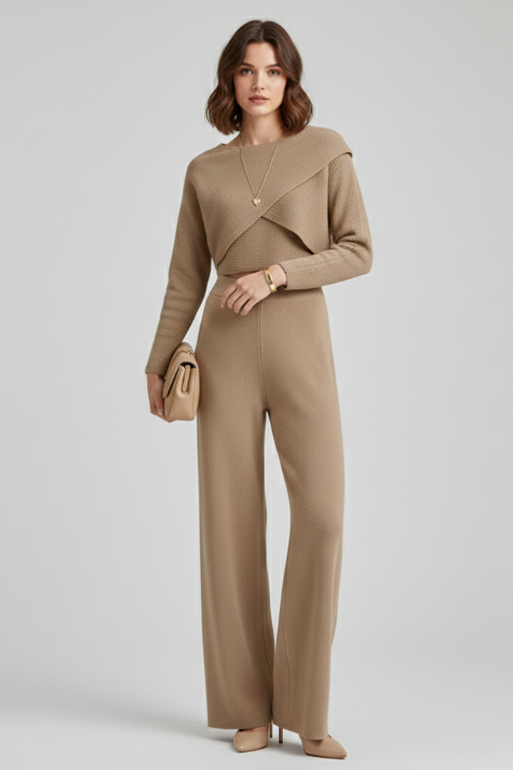 Women Knit Long Sleeve Crop Top and Wide Leg Pants Set