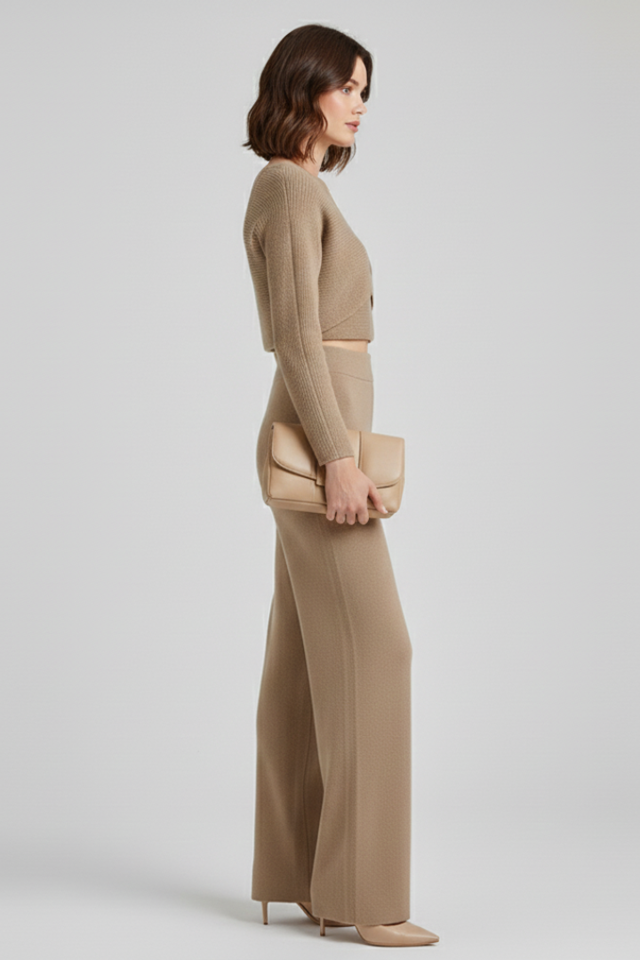 Women Knit Long Sleeve Crop Top and Wide Leg Pants Set