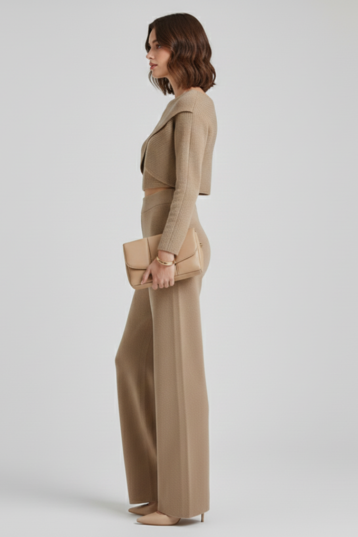 Women Knit Long Sleeve Crop Top and Wide Leg Pants Set