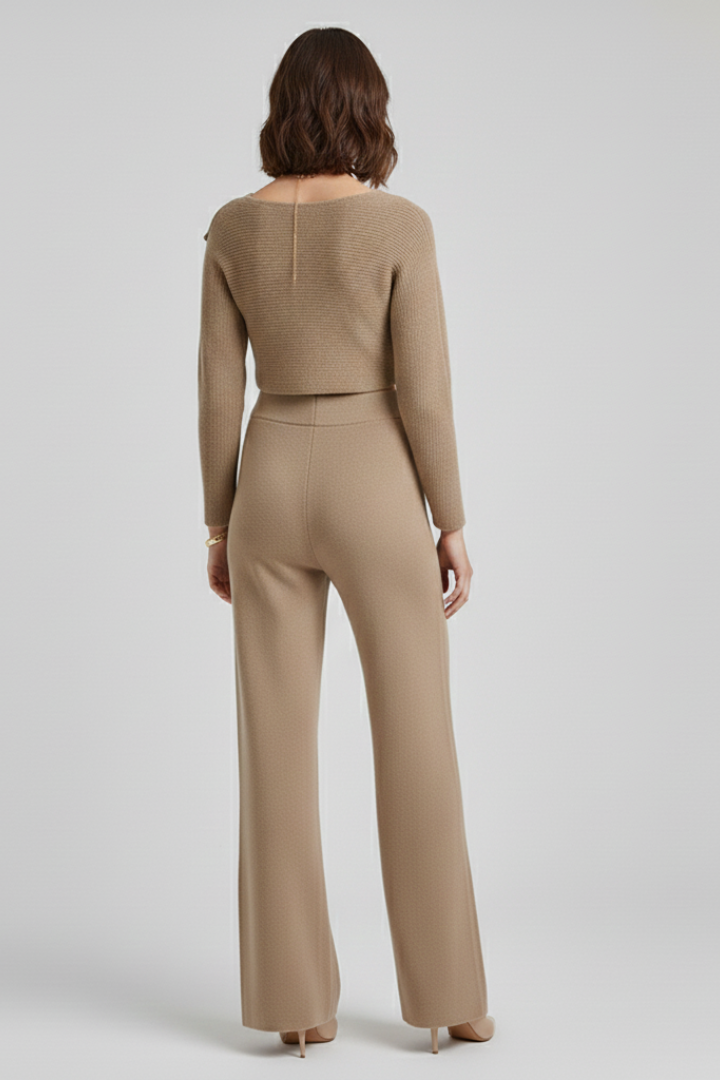Women Knit Long Sleeve Crop Top and Wide Leg Pants Set