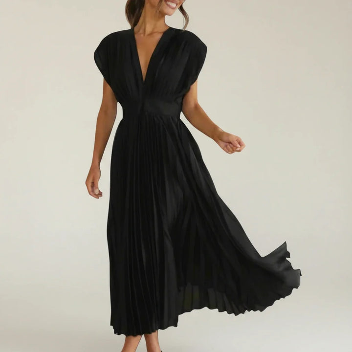 Dámské saténové plisované společenské maxi šaty s výstřihem do V