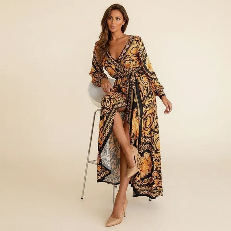 Women's Boho Print Wrap Long Sleeve Maxi Dress
