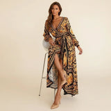 Women's Boho Print Wrap Long Sleeve Maxi Dress