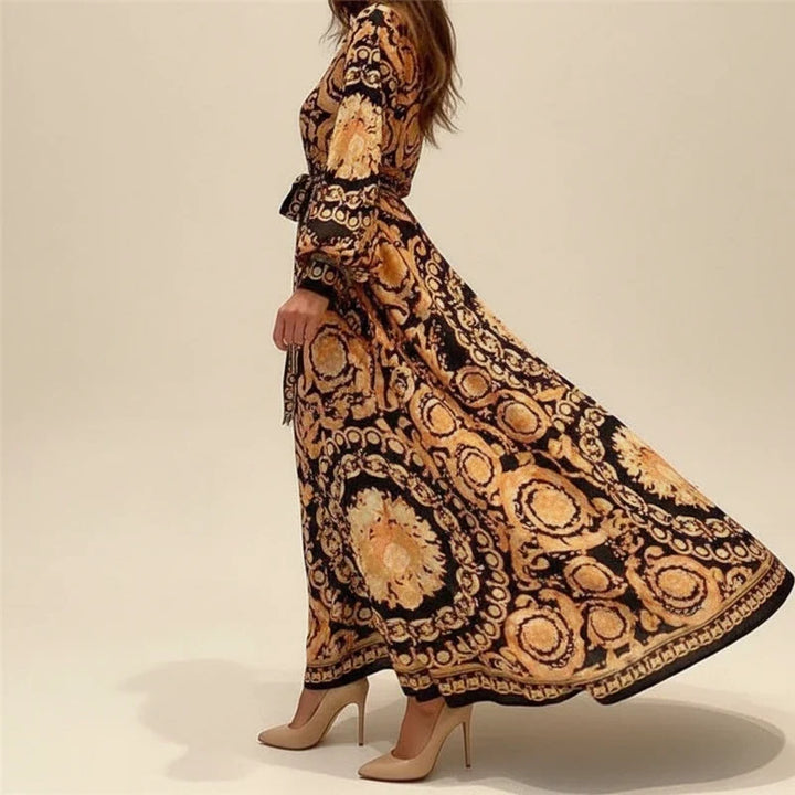 Women's Boho Print Wrap Long Sleeve Maxi Dress