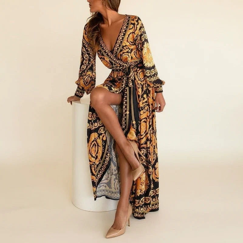 Women's Boho Print Wrap Long Sleeve Maxi Dress