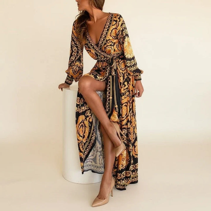Women's Boho Print Wrap Long Sleeve Maxi Dress