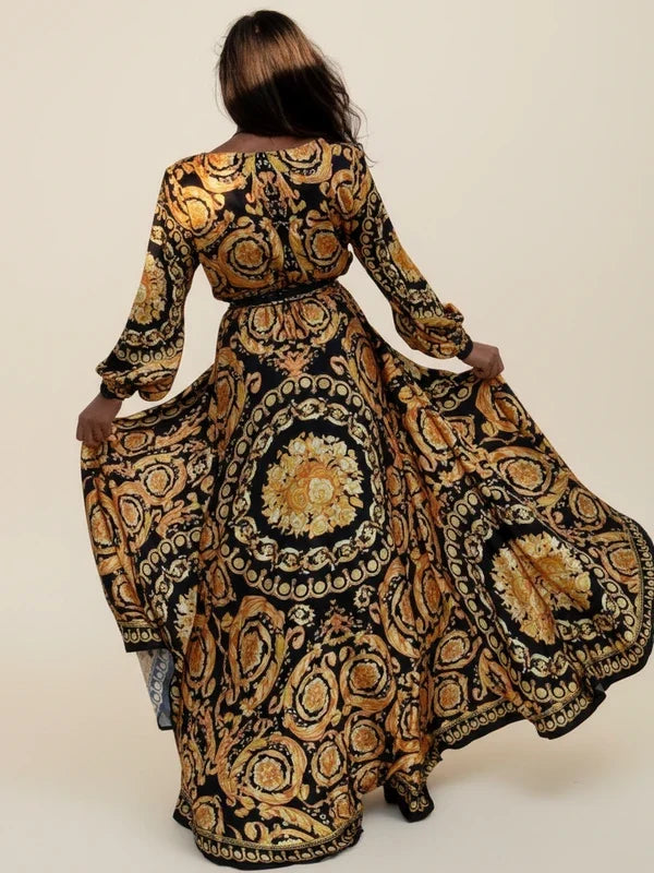 Women's Boho Print Wrap Long Sleeve Maxi Dress