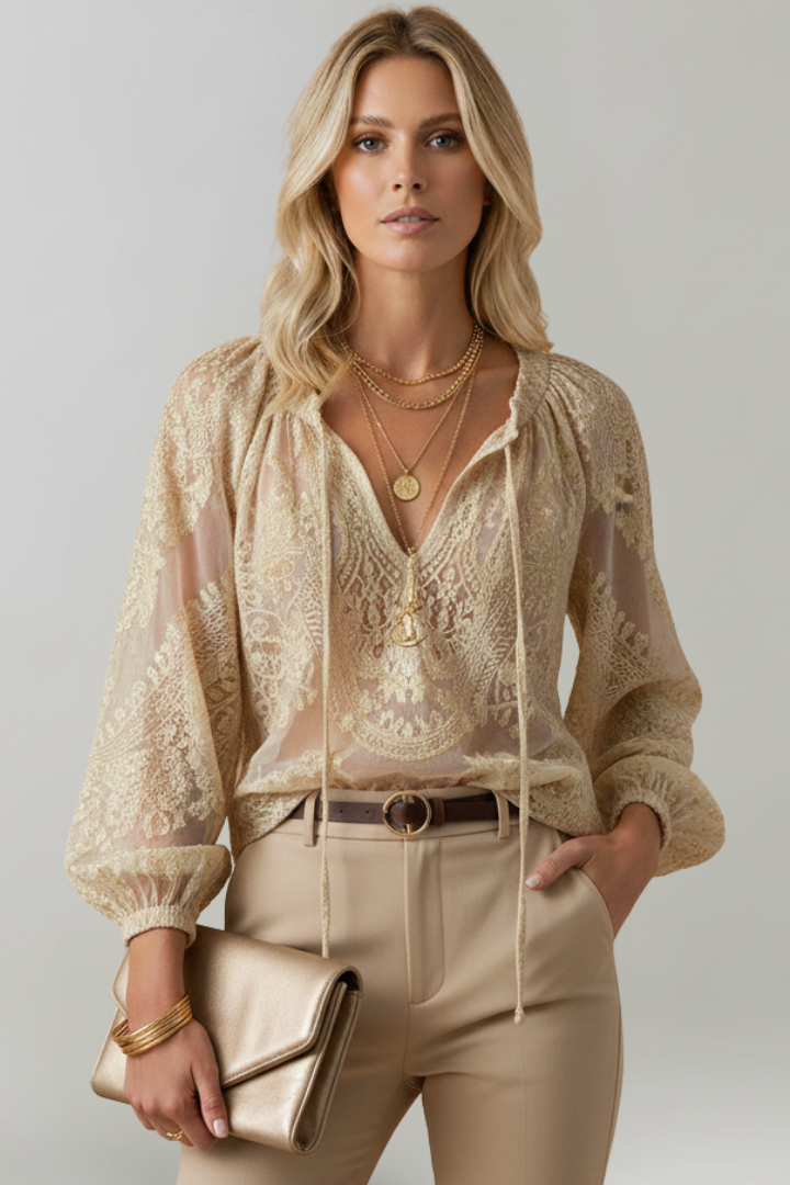 Women's Chiffon Boho Blouse Sheer Long Sleeve V Neck Top