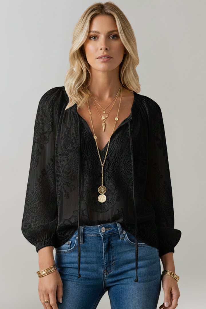 Women's Chiffon Boho Blouse Sheer Long Sleeve V Neck Top