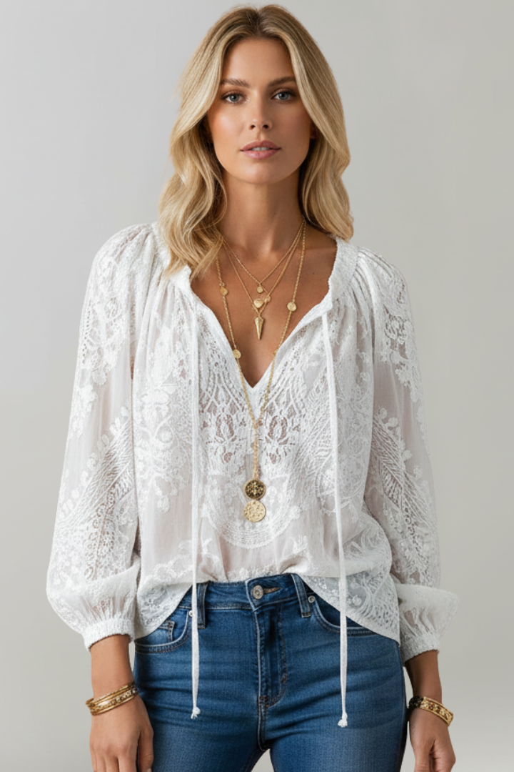 Women's Chiffon Boho Blouse Sheer Long Sleeve V Neck Top