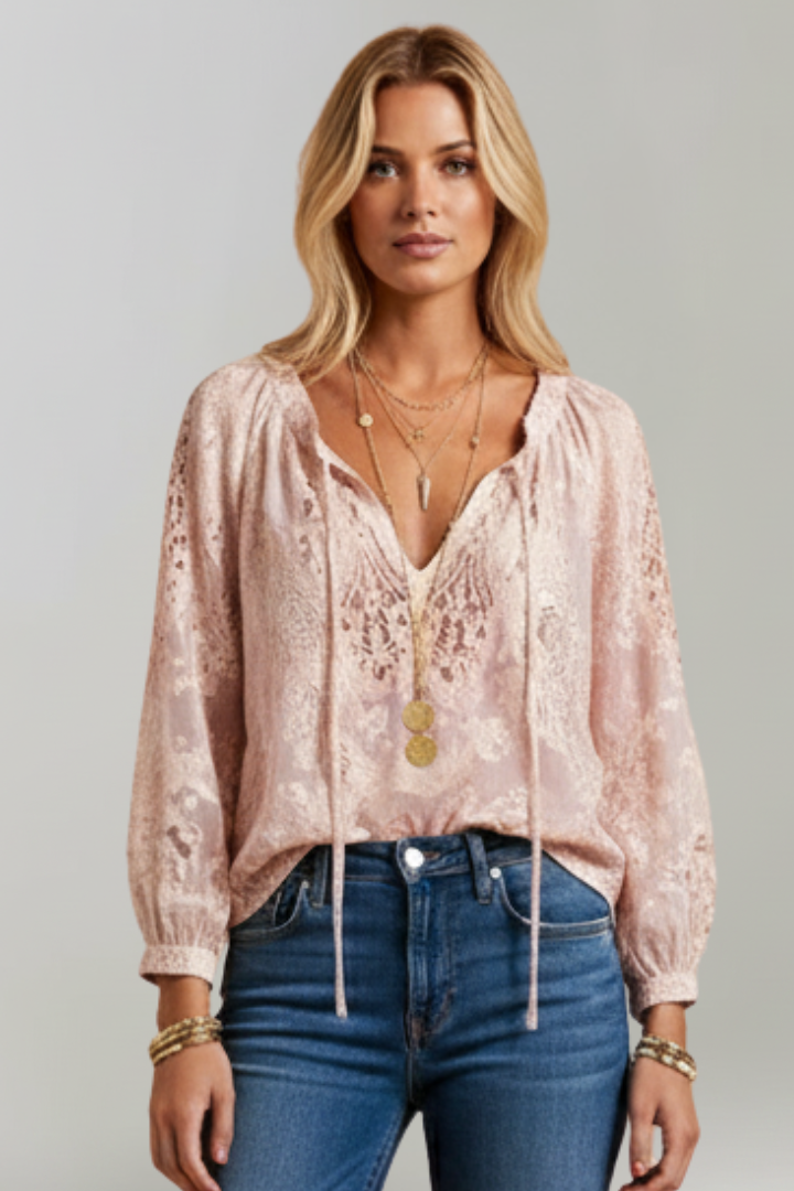 Women's Chiffon Boho Blouse Sheer Long Sleeve V Neck Top