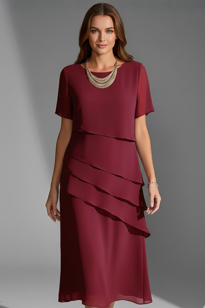 Women's Linen Short-Sleeve Layered Midi Dress