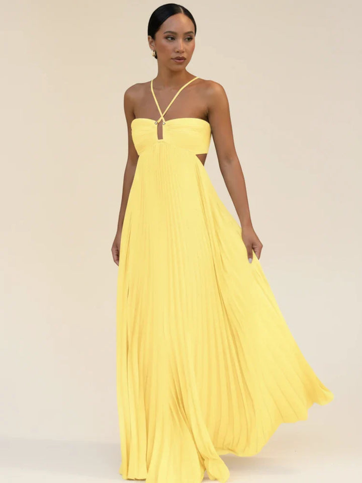 Women's Pleated Maxi Dress Satin Wedding Guest Formal Gown
