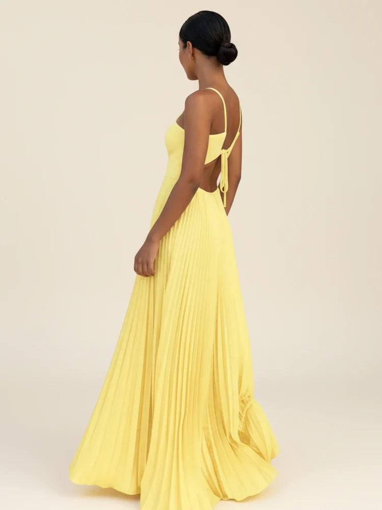 Women's Pleated Maxi Dress Satin Wedding Guest Formal Gown
