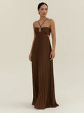 Women's Pleated Maxi Dress Satin Wedding Guest Formal Gown