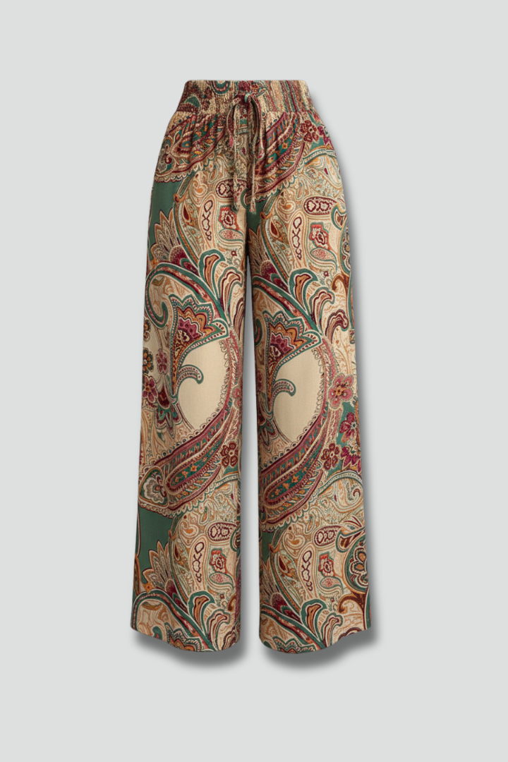 Women's Linen Wide Leg Trousers Paisley Printed Casual Pants