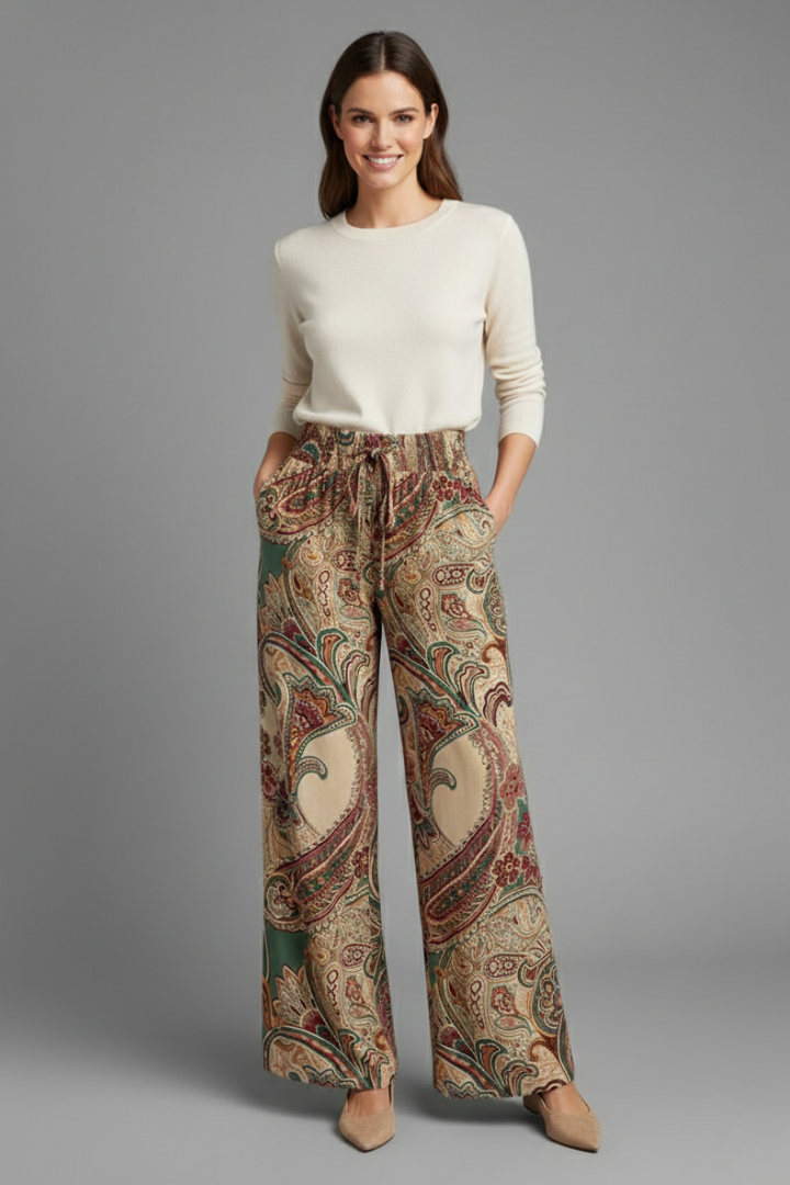 Women's Linen Wide Leg Trousers Paisley Printed Casual Pants