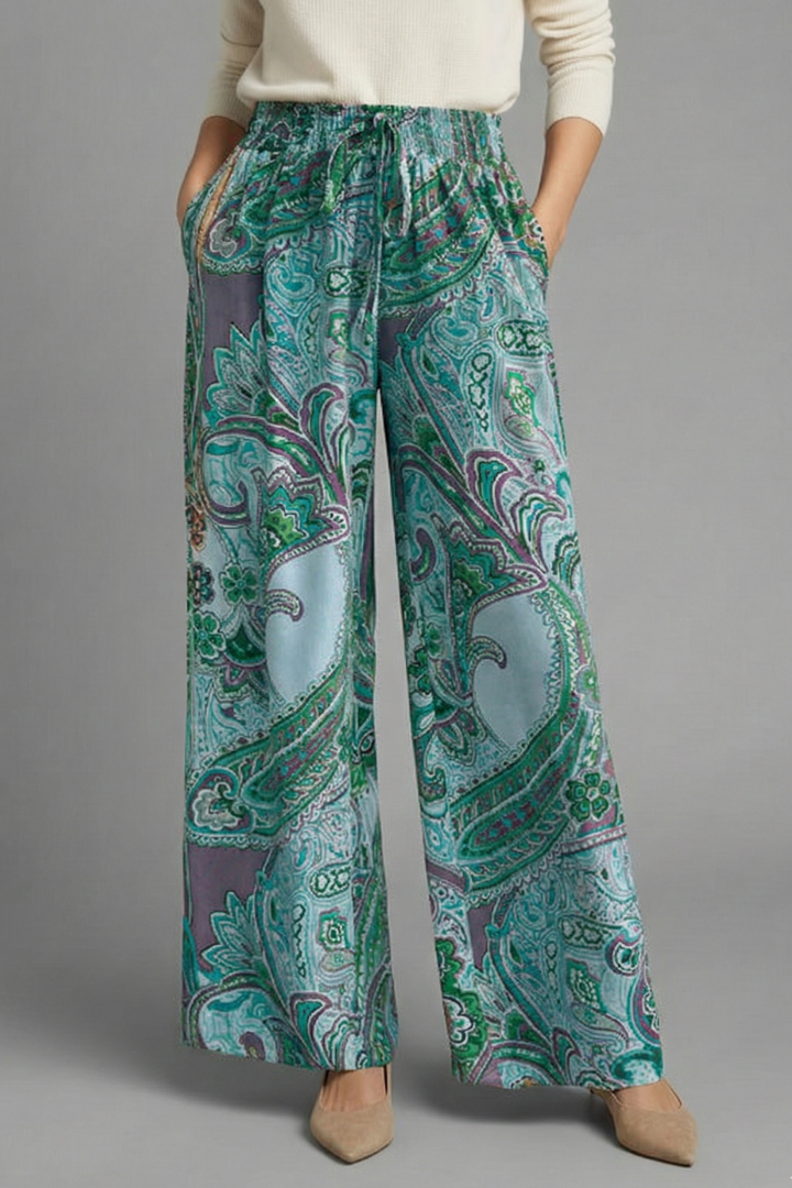 Women's Linen Wide Leg Trousers Paisley Printed Casual Pants