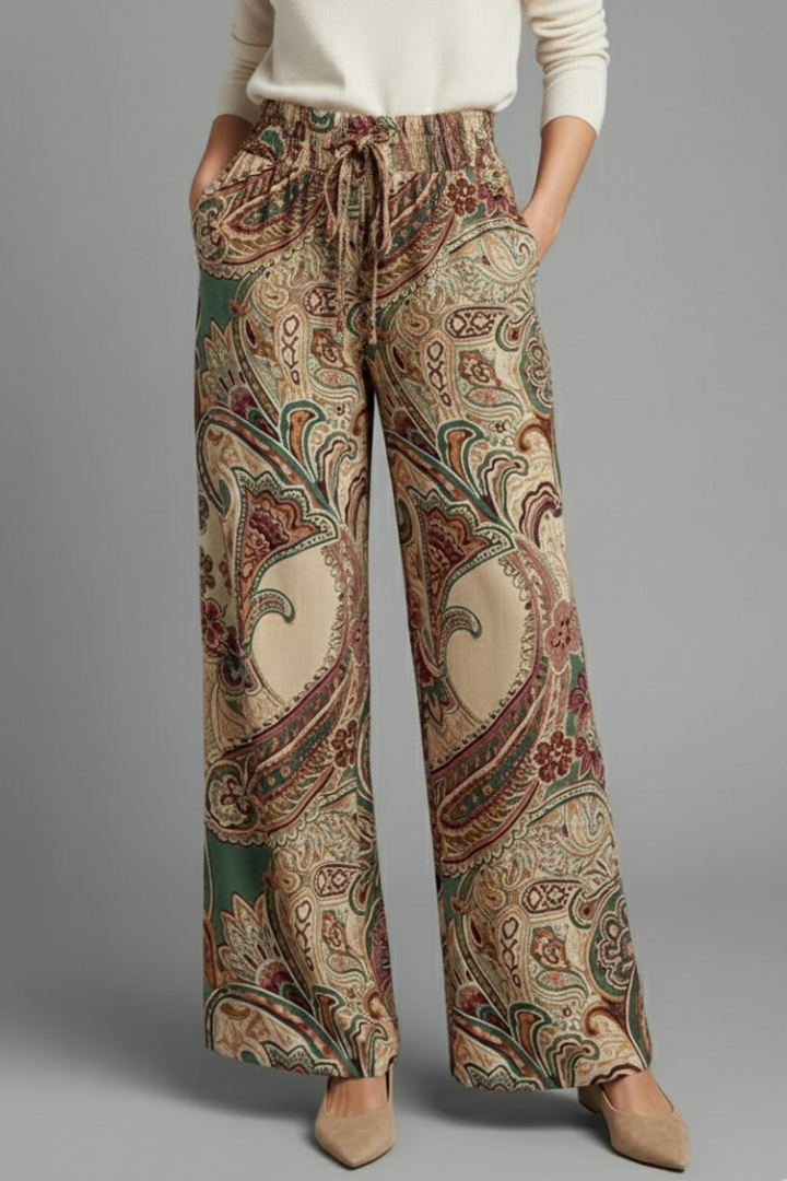 Women's Linen Wide Leg Trousers Paisley Printed Casual Pants