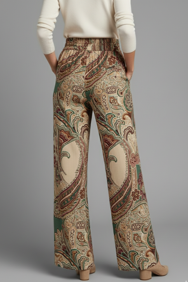 Women's Linen Wide Leg Trousers Paisley Printed Casual Pants