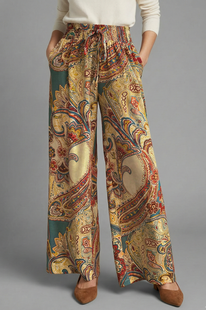 Women's Linen Wide Leg Trousers Paisley Printed Casual Pants