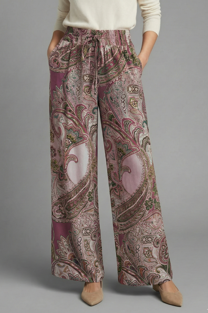 Women's Linen Wide Leg Trousers Paisley Printed Casual Pants