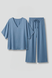 Women's Linen V-Neck Wide Leg Two Piece Set