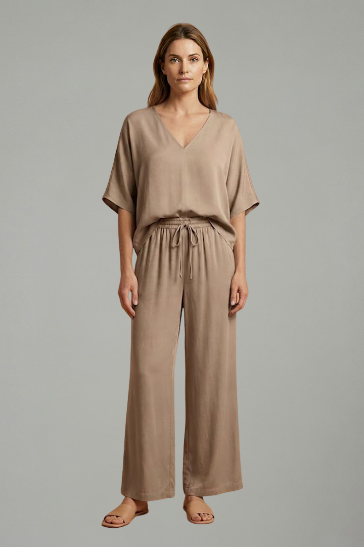 Women's Linen V-Neck Wide Leg Two Piece Set