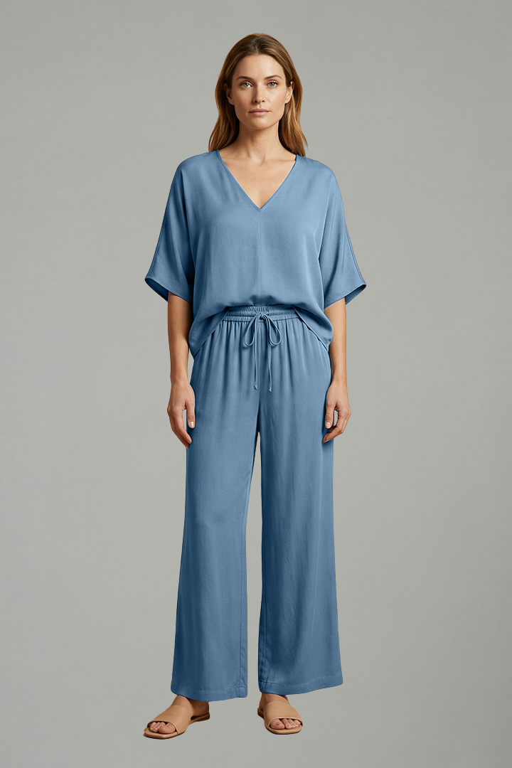 Women's Linen V-Neck Wide Leg Two Piece Set