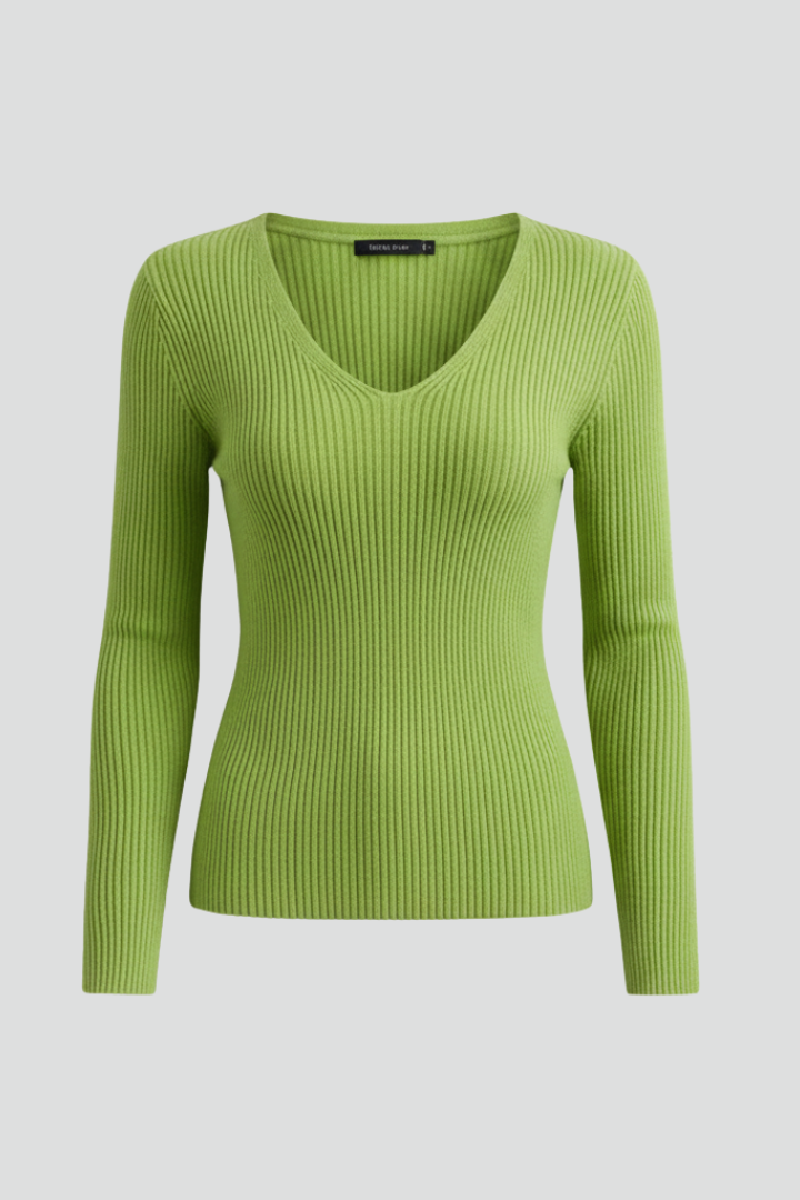 Women's V-Neck Knit Jumper Sweater Long Sleeve Ribbed Top
