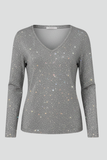 Women's Merino Wool Mix Knit V-Neck Sequin Long Sleeve Jumper