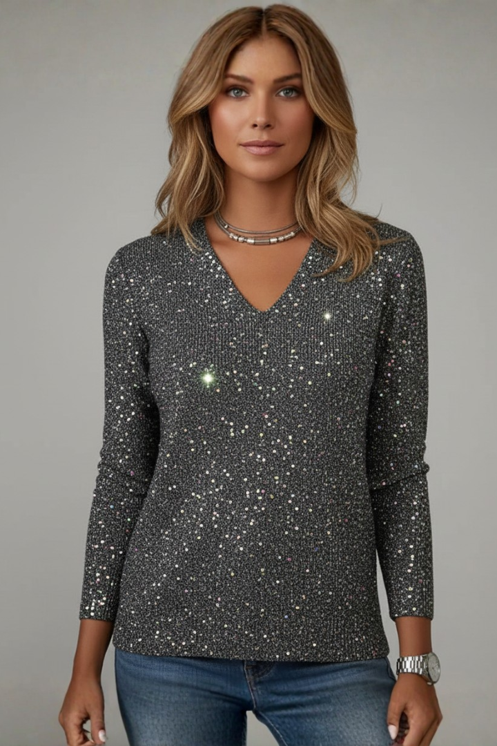 Women's Merino Wool Mix Knit V-Neck Sequin Long Sleeve Jumper